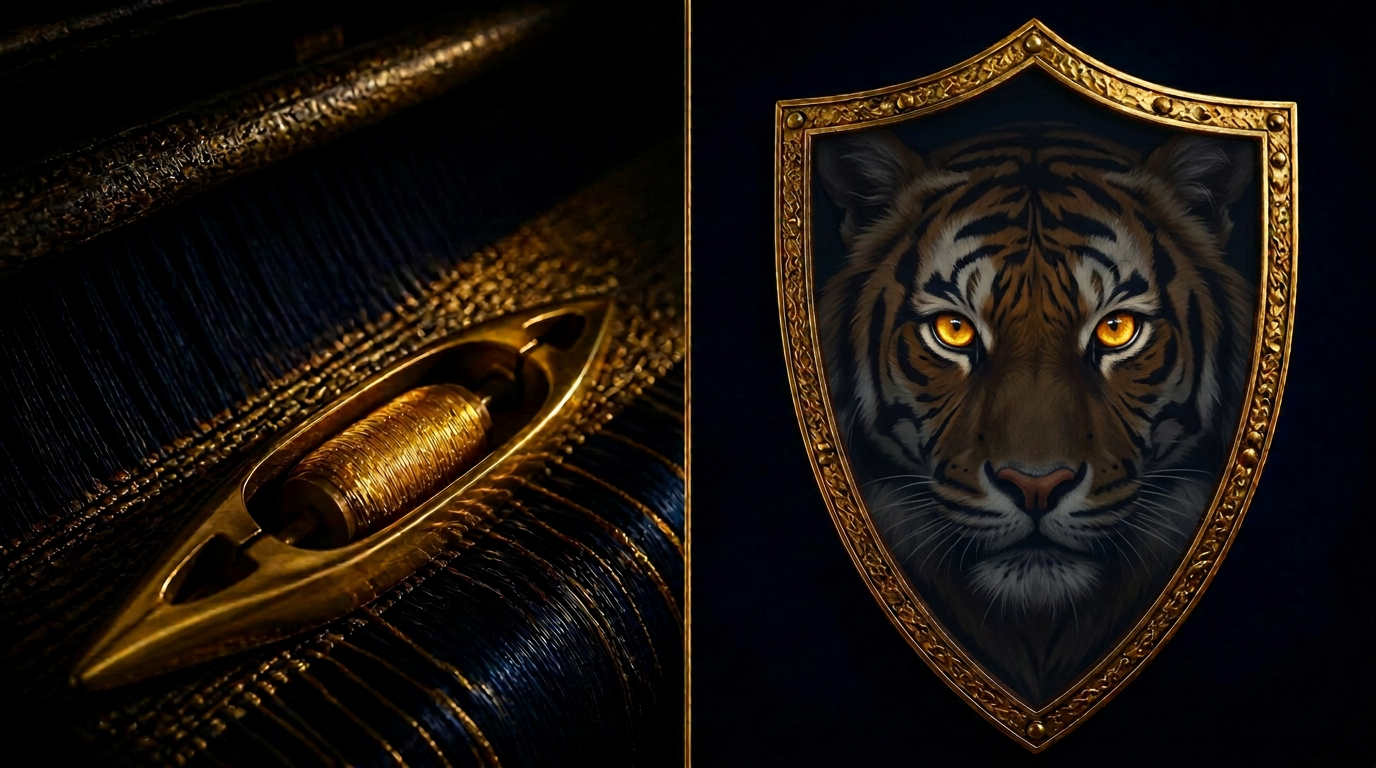 Diptych: on the left, gold weft threads passing through a navy warp with a brass shuttle mid-weave; on the right, a polished tiger's-eye tablet in a gold frame with a watchful tiger's-eye reflection — Weft and Tora