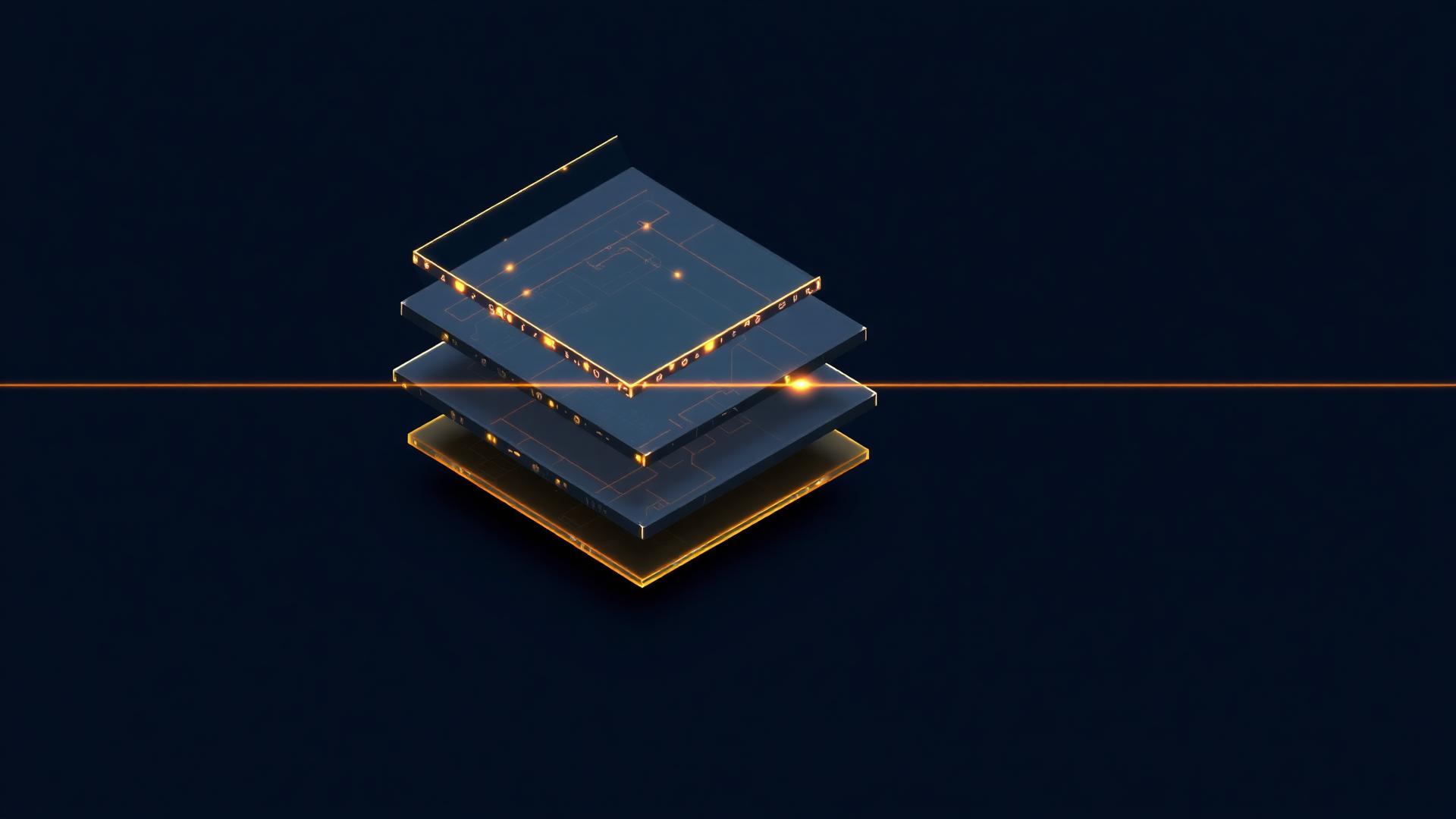 Isometric layered control plane with gold governance rails threading through navy platform layers