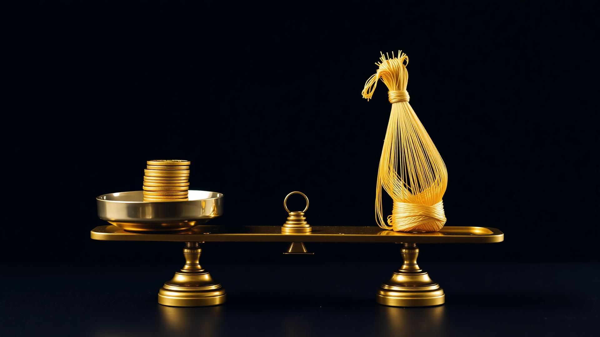 Brass balance scale weighing coins against gold threads, representing outcome-based pricing