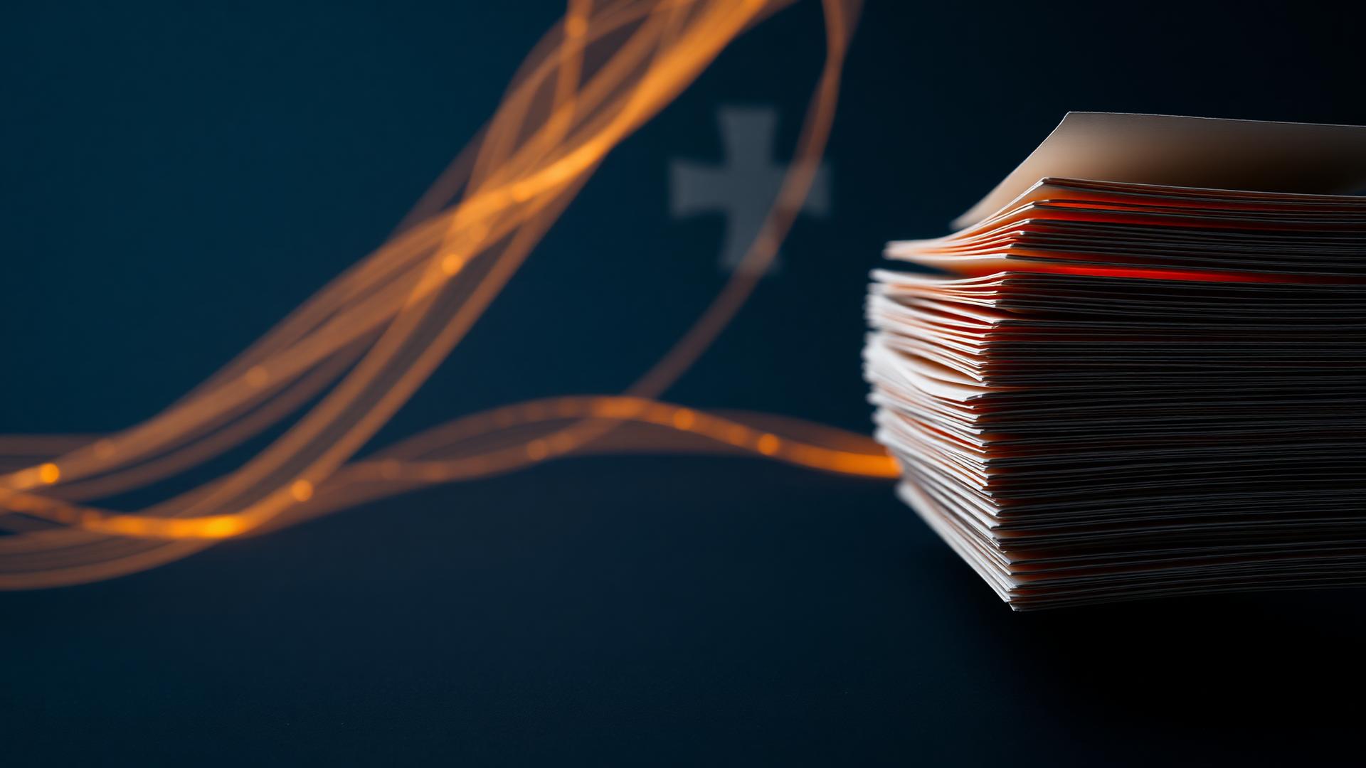 Enterprise documents dissolving into governed gold threads woven across industry systems of record