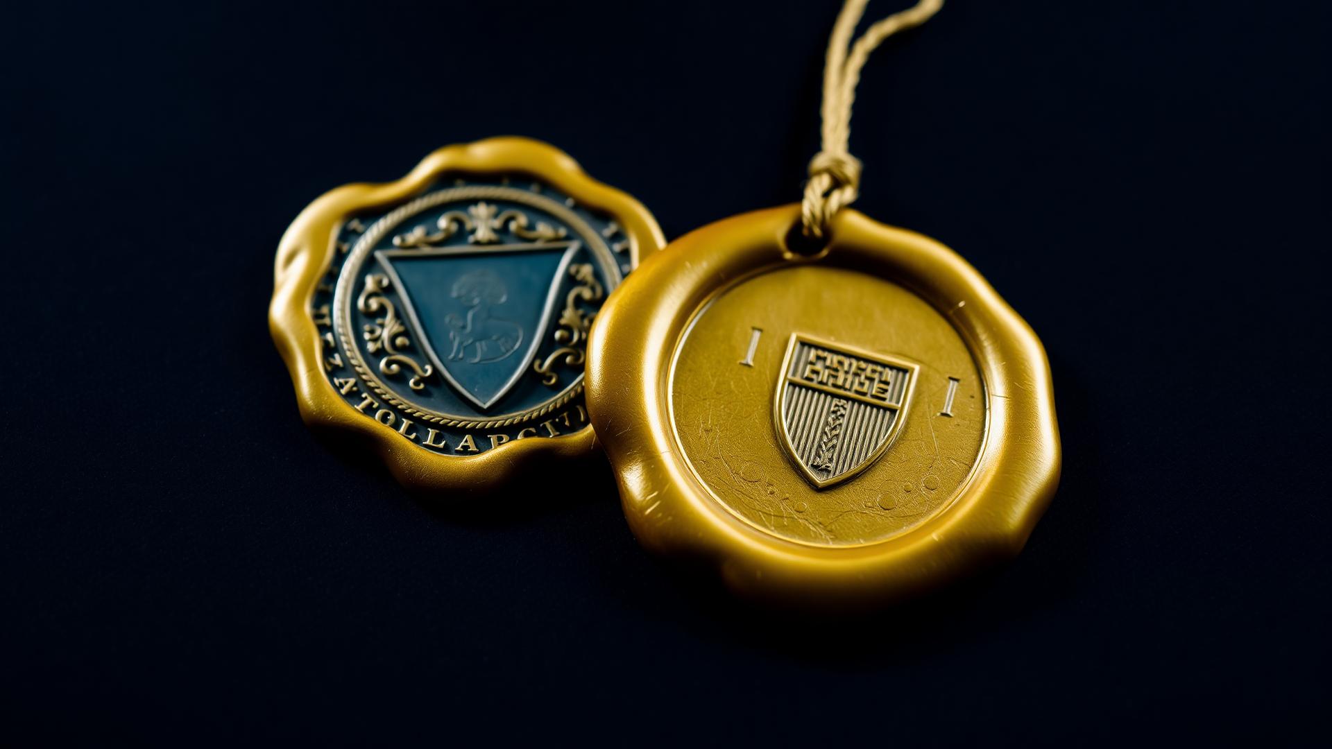 Ornate gold wax seal and shield emblem symbolising provable governance and enterprise trust